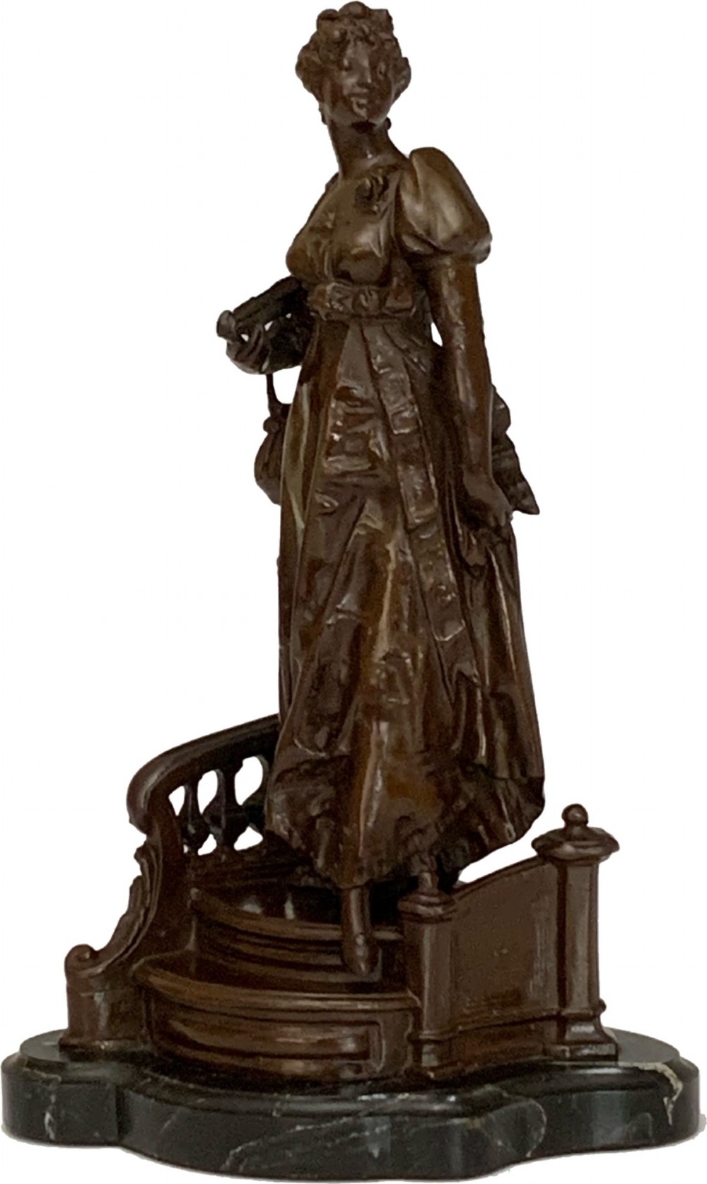 A patinated dark bronze sculpture of a woman in period dress standing on steps with a balustrade mounted on a dark marble base.