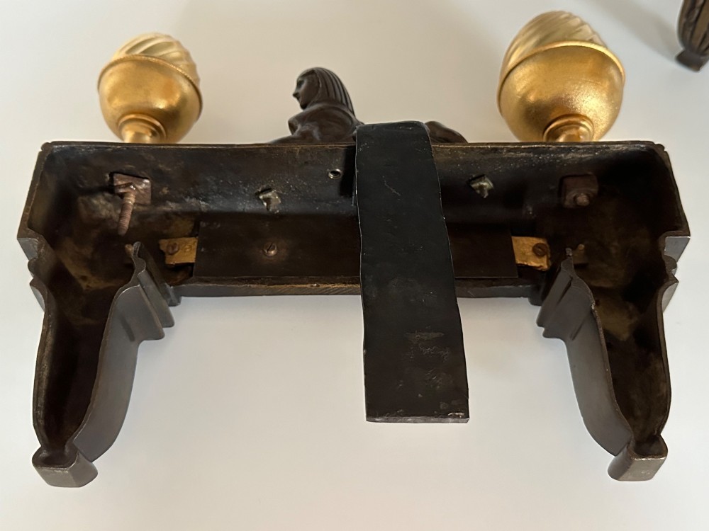 A pair of Regency bronze and ormolu chenets featuring sculpted bronze sphinxes, gilded balustrades, pinecone finials, and fluted legs. View VII