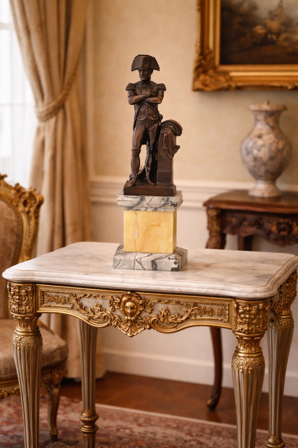 A nineteenth-century bronze figure of Napoleon Bonaparte in full military uniform standing with arms crossed on a yellow and grey marble plinth. View X
