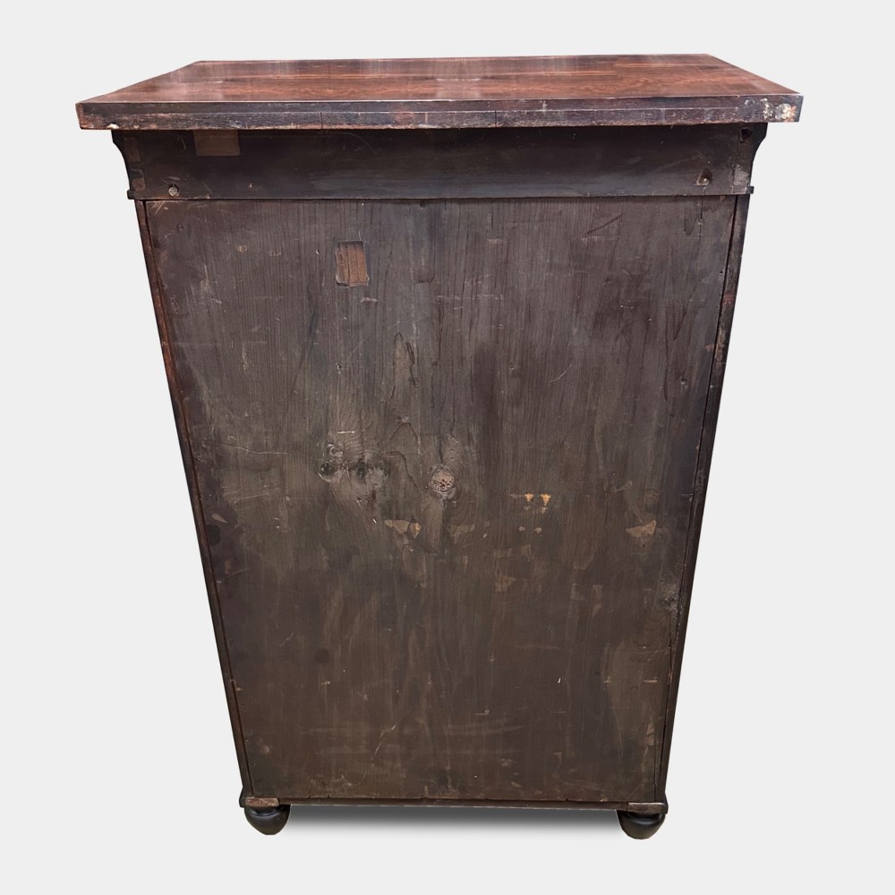 A George IV rosewood writing cabinet with a open fall-front desk revealing internal drawers and a dark green leather writing surface above lower drawers with brass handles. View V