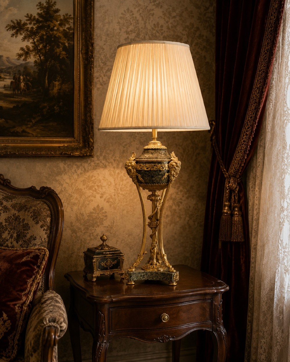 An antique neoclassical ormolu mounted table lamp featuring a speckled grey granite urn on a tripod gilt bronze frame with ram head mounts. View VIII