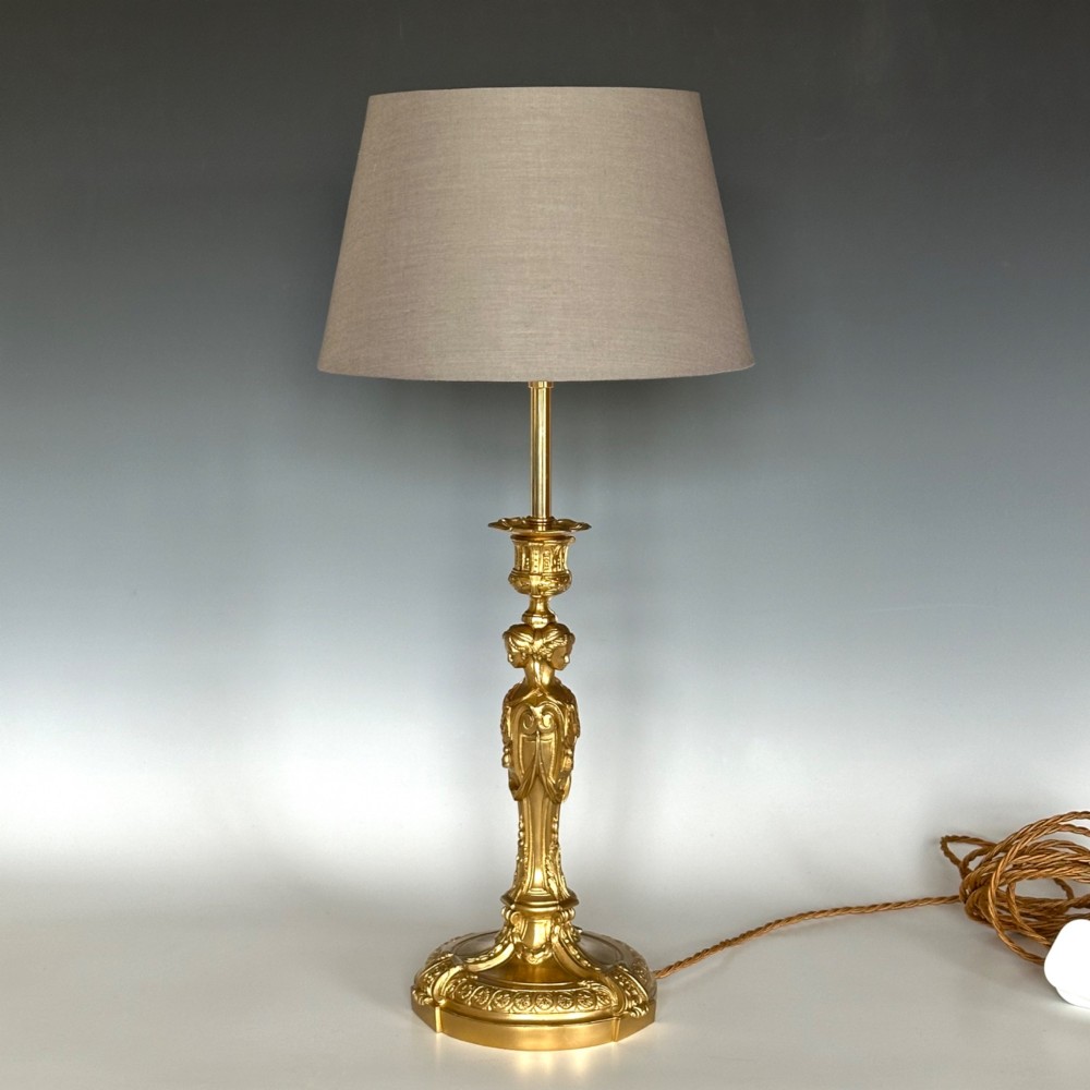 A Louis XVI style ormolu table lamp featuring a cast caryatid figure column mounted on a detailed circular base. View II