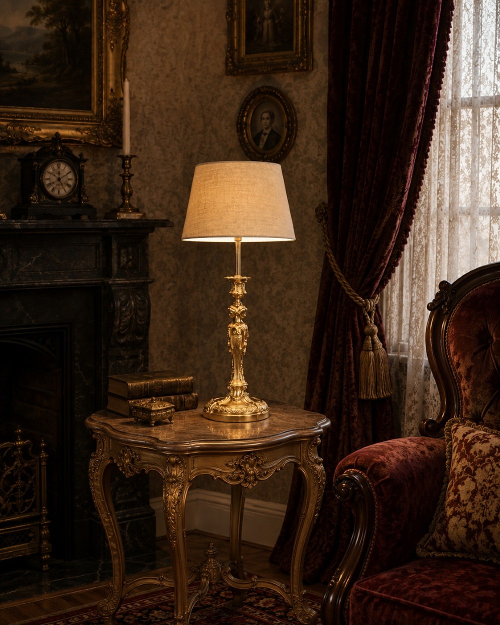 A Louis XVI style ormolu table lamp featuring a cast caryatid figure column mounted on a detailed circular base. View VI