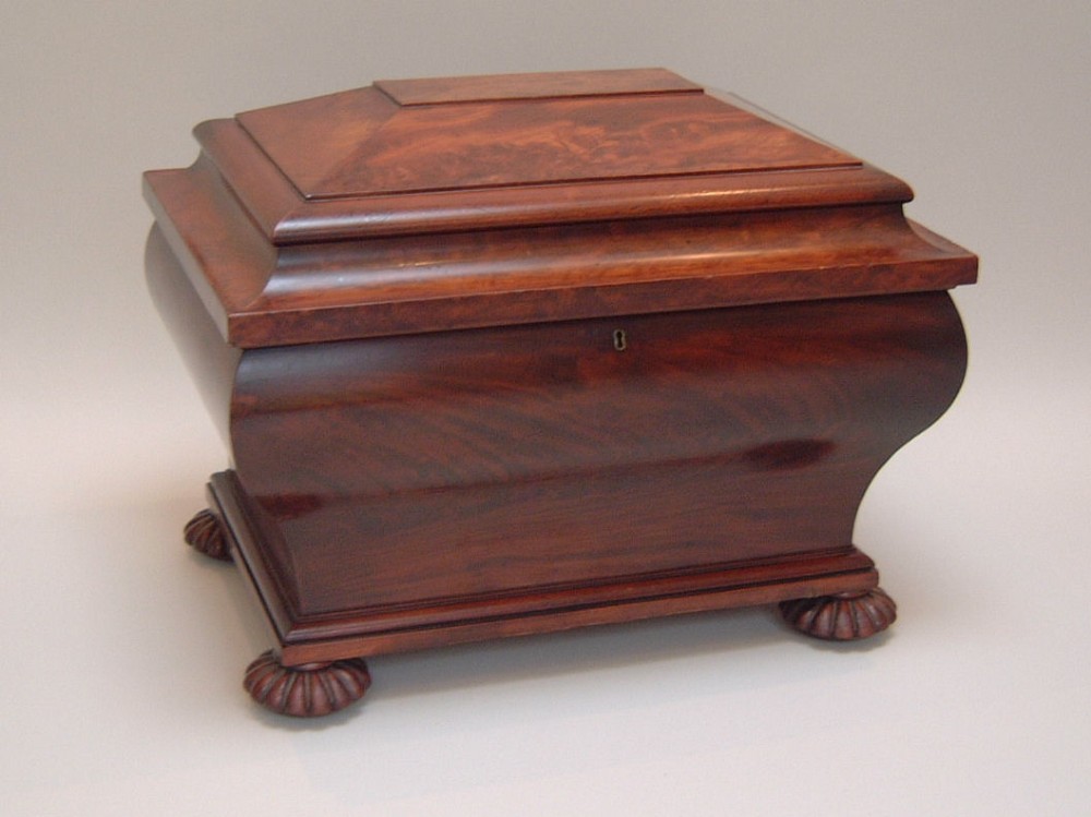 A George IV mahogany cellarette featuring a sarcophagus shape, stepped hinged lid, brass escutcheon, and carved lobed feet. View V