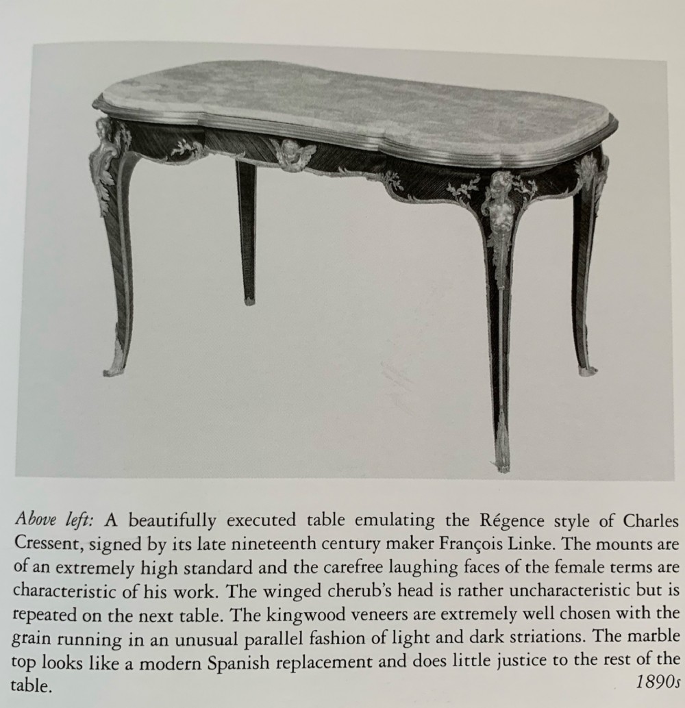 A French Louis XV style kingwood and rosewood centre table featuring serpentine edges, cabriole legs, and gilt-bronze mounts with female bust caryatids. View VI