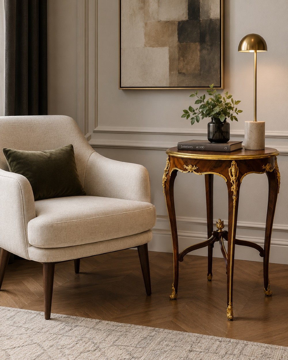 A round French kingwood occasional table featuring floral marquetry inlay, gilded ormolu mounts, slender cabriole legs, and a central stretcher with a carved finial. View IX