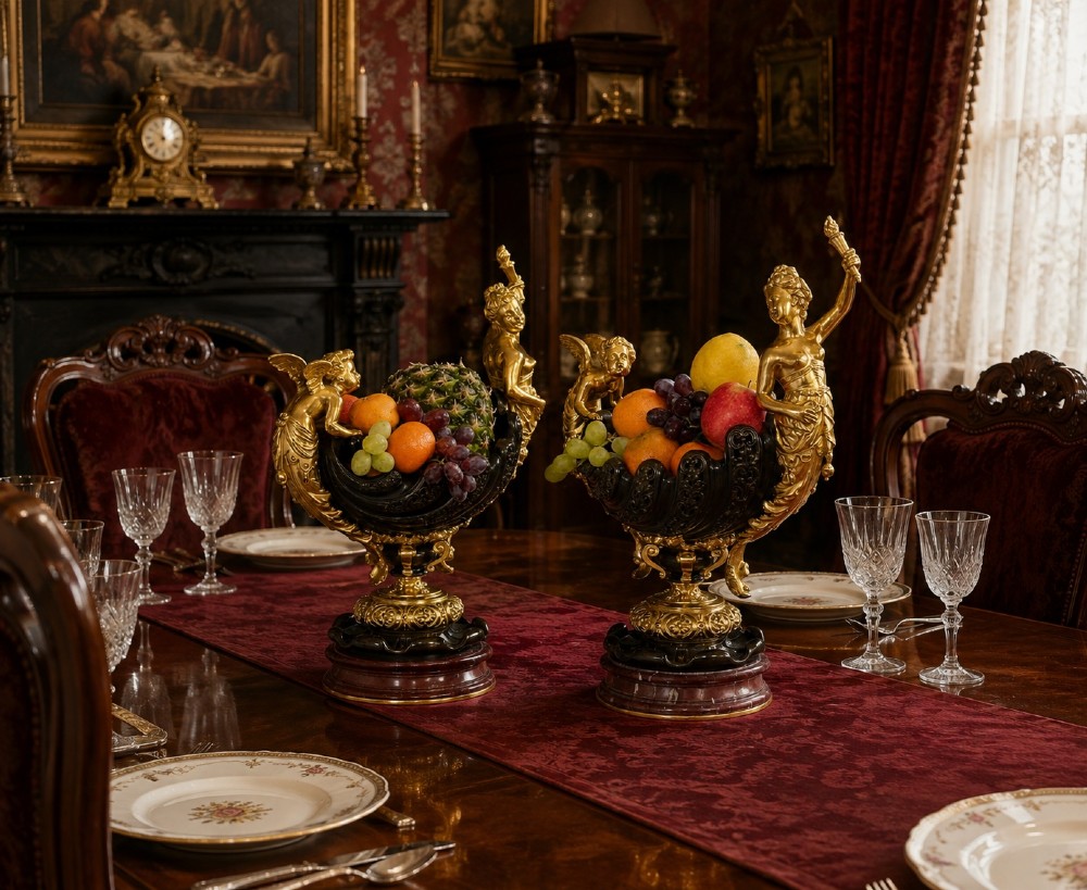 A pair of antique French gilt and patinated bronze centrepiece bowls mounted on red marble bases, decorated with sculpted cherubs and female figures holding torches. View X