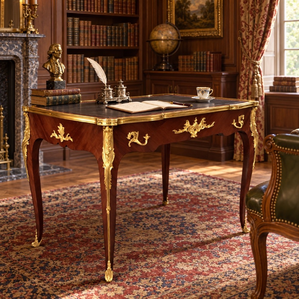A French Louis XV style bureau plat crafted from dark polished wood with serpentine cabriole legs, elaborate gilt-bronze ormolu mounts, and a black leather writing top. View VIII