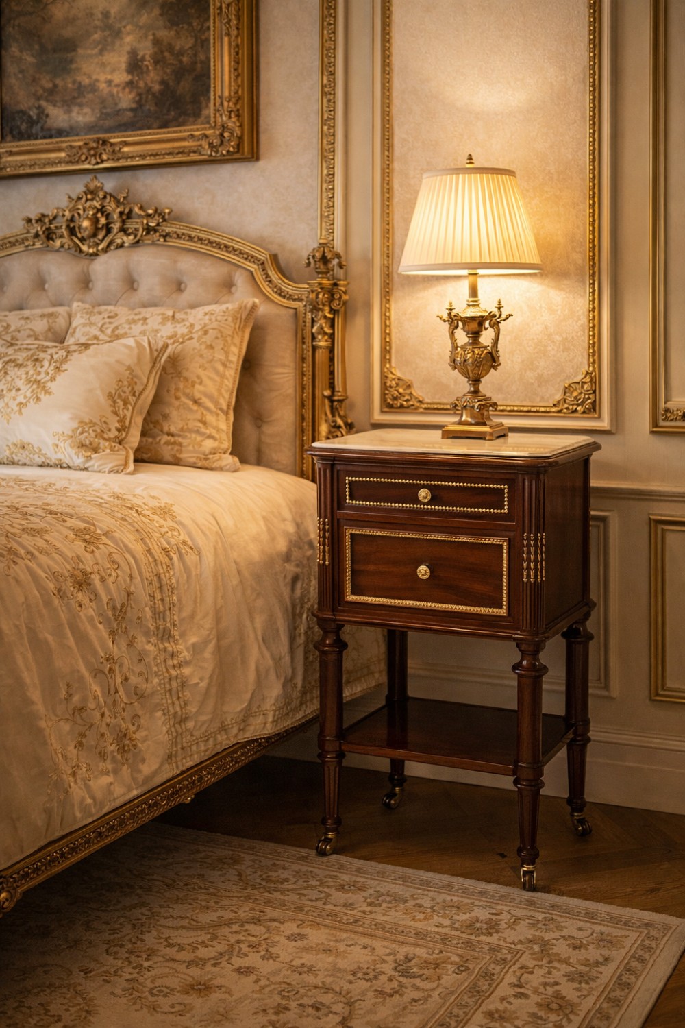 A French Louis XVI style mahogany bedside cabinet featuring two drawers framed with beaded ormolu trim, fluted corner columns, a lower tier shelf, and turned legs with brass castors. View VIII