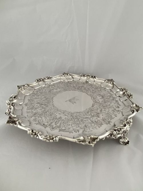 LARGE STERLING SILVER SALVER DRINKS TRAY 1845 LONDON 33CM CREST VICTORIAN HEAVY - ADDITIONAL PHOTO 10