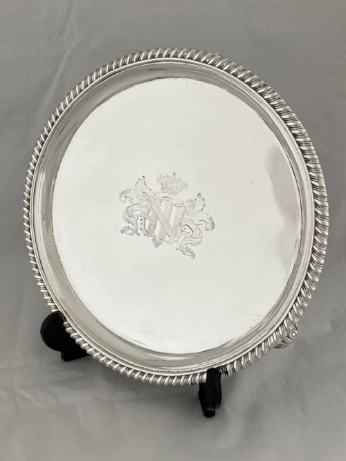 PAUL STORR STERLING SILVER DRINKS TRAY SALVER 1824 LONDON GEORGIAN ARMORIAL 22CM