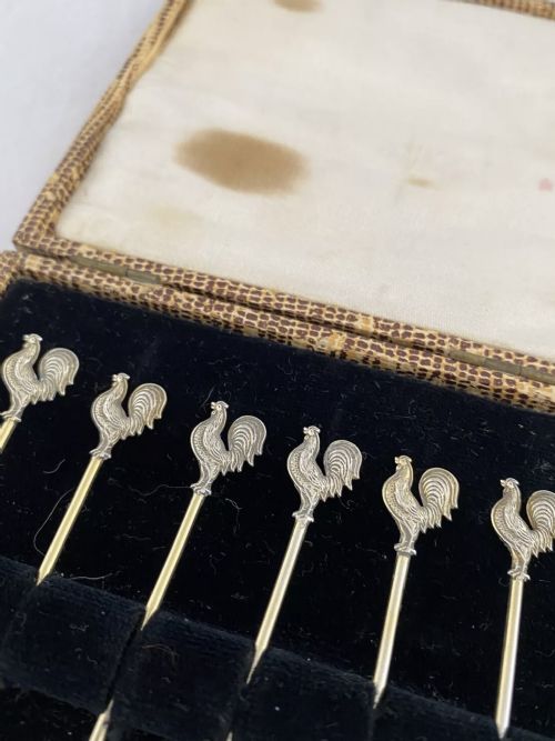 STERLING SILVER COCKTAIL STICKS X 6 BOXED 1929 BIRMINGHAM ART DECO ANTIQUE - ADDITIONAL PHOTO 1