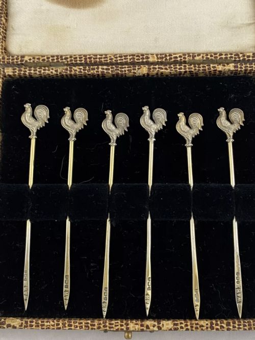 STERLING SILVER COCKTAIL STICKS X 6 BOXED 1929 BIRMINGHAM ART DECO ANTIQUE - ADDITIONAL PHOTO 4