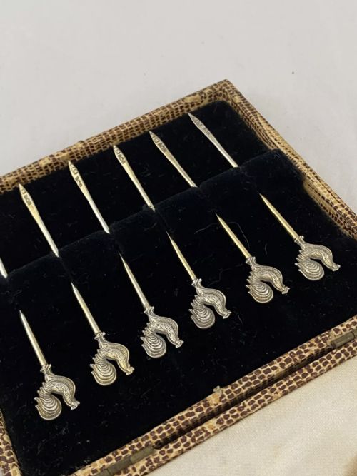 STERLING SILVER COCKTAIL STICKS X 6 BOXED 1929 BIRMINGHAM ART DECO ANTIQUE - ADDITIONAL PHOTO 5