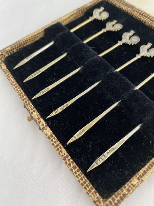 STERLING SILVER COCKTAIL STICKS X 6 BOXED 1929 BIRMINGHAM ART DECO ANTIQUE - ADDITIONAL PHOTO 6