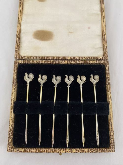 STERLING SILVER COCKTAIL STICKS X 6 BOXED 1929 BIRMINGHAM ART DECO ANTIQUE - ADDITIONAL PHOTO 7