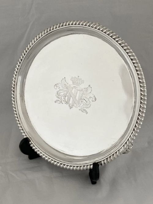 PAUL STORR STERLING SILVER DRINKS TRAY SALVER 1824 LONDON GEORGIAN ARMORIAL 22CM