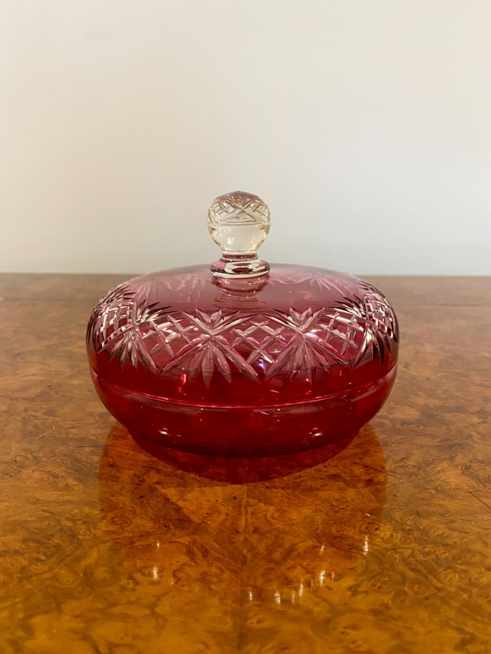 Antique Victorian quality cut cranberry glass lidded bowl
