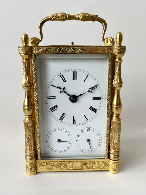 RARLY ANTIQUE ENGRAVED CALENDAR CARRIAGE CLOCK C1840