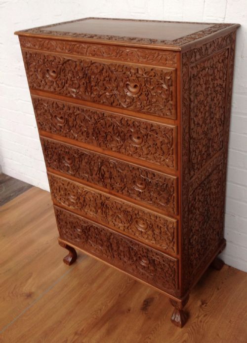 carved camfer wood chest - CATEGORY: ANTIQUE CHEST OF DRAWERS - DATED 1920