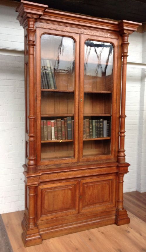 LARGE OAK FRENCH INVERTED BREAKFRONT BOOKCASE - ADDITIONAL PHOTO 14