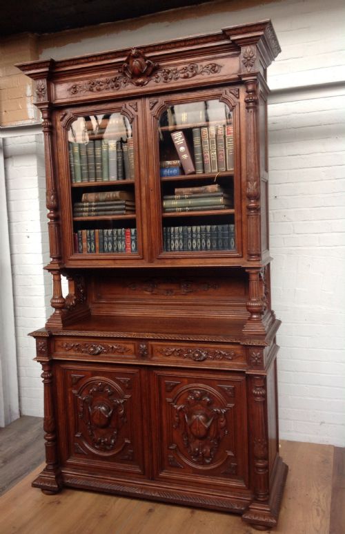 carved oak inverted breakfront french bookcase - CATEGORY: ANTIQUE BOOKCASES - DATED 1890