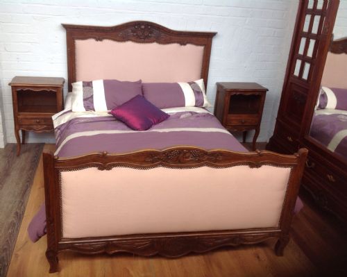 oak french upholstered carved marriage bed and bedsides - CATEGORY: ANTIQUE BEDS - DATED 1900