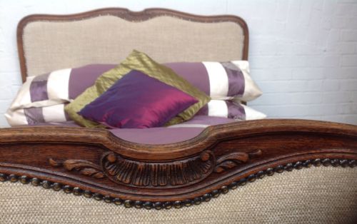 FRENCH CARVED OAK NEWLY UPHOLSTERED BED - ADDITIONAL PHOTO 6