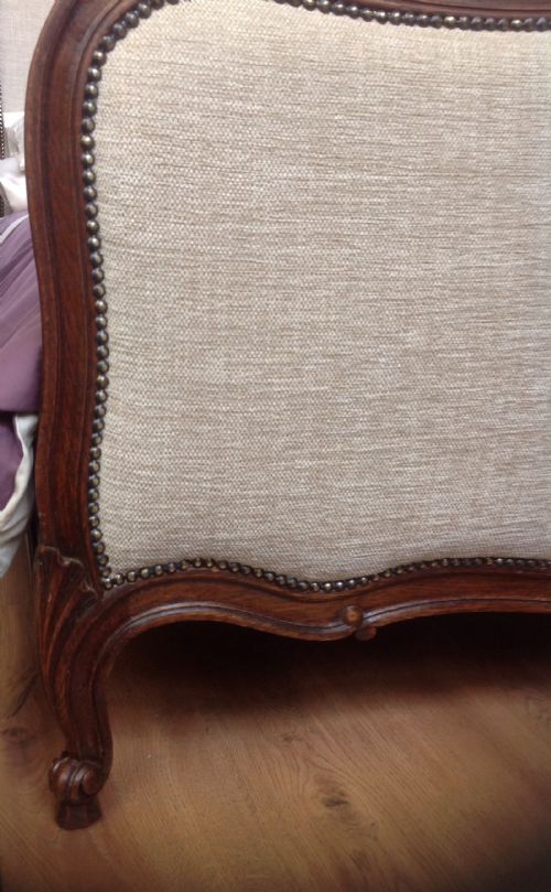 FRENCH CARVED OAK NEWLY UPHOLSTERED BED - ADDITIONAL PHOTO 9