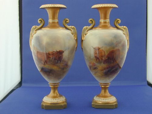 Royal Worcester Pair of Cattle Painted Vases Signed H Stinton