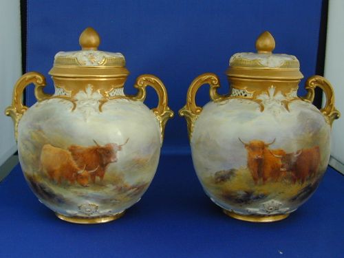 Royal Worcester Pair of Cattle Decorated Pot Pourri Vases Signed H Stinton