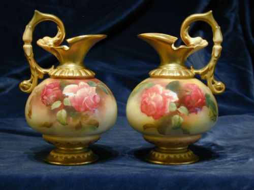 Royal Worcester Artist Signed Pair of Ewers with Rose Decoration