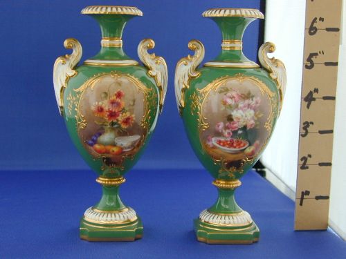 Royal Worcester Matching Pair of Vases, Still Life Panels by Hawkins.