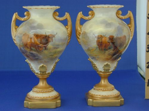 Royal Worcester Matching Pair of Vases Decorated Highland Cattle by Stinton
