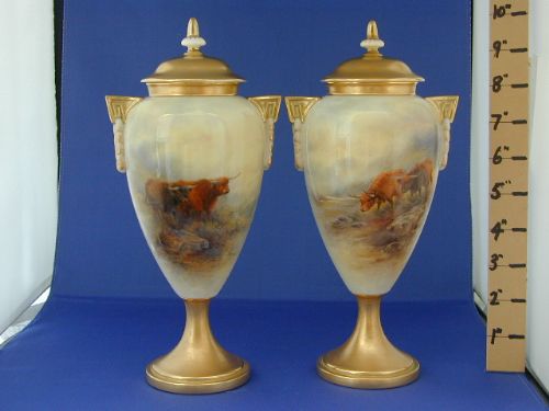 Royal Worcester Pair of Vases and Covers Decorated Highland Cattle by John Stinton