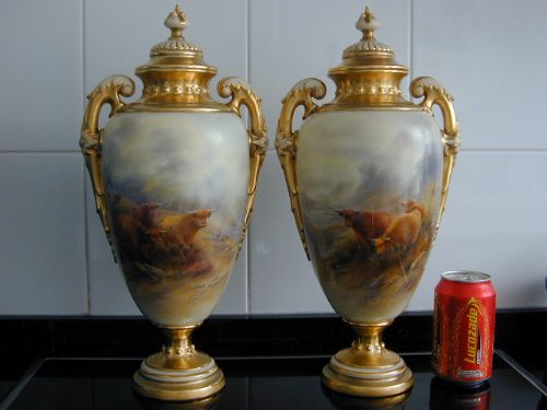 Royal Worcester Large Pair of Vases and Covers Decorated Highland Cattle by John Stinton