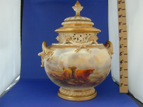 Royal Worcester Pot Pourri or Bough Pot and Cover Decorated Highland Cattle by John Stinton