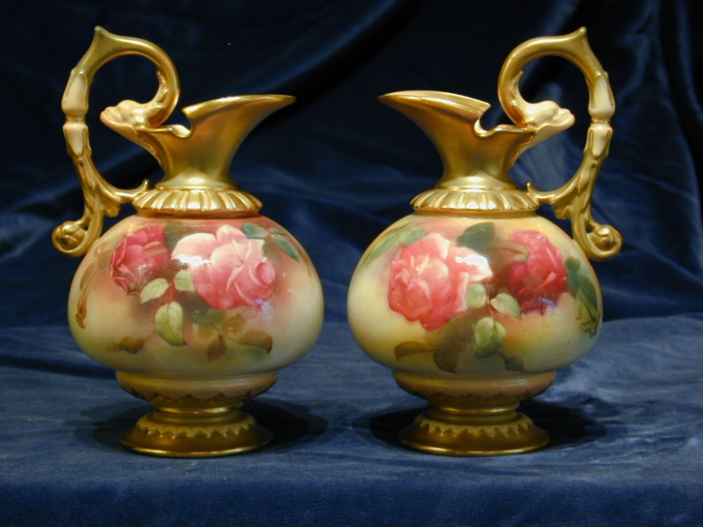Royal Worcester artist signed pair of ewers with rose decoration