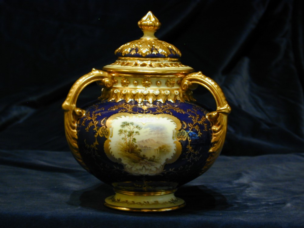 Coalport 3 piece pot pourri vase, titled view signed P Simpson