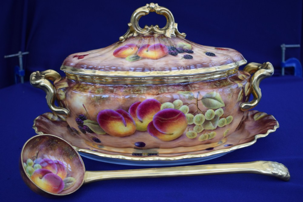 Royal Worcester fruit decorated Tureen, cover, stand and ladle. View II