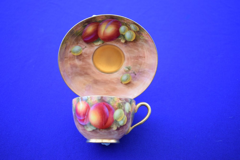 Royal Worcester fruit painted Cup and Saucer by H Ayrton