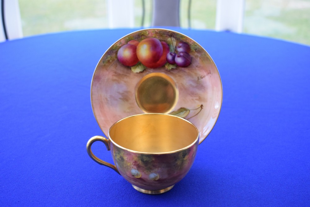 Royal Worcester fruit painted Cup and Saucer signed Ayrton and Townsend View II