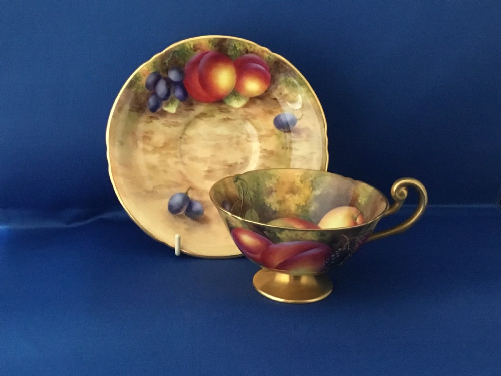 Royal Worcester painted fruit cabinet cup and saucer by H Ayrton