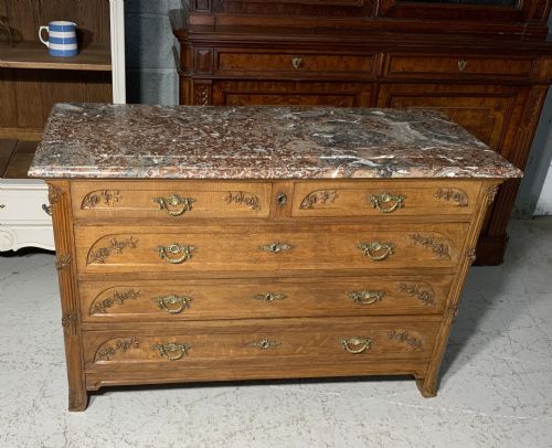 carved oak french marble topped chest of drawers - CATEGORY: ANTIQUE CHEST OF DRAWERS - DATED 1920