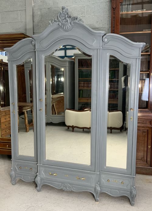painted french triple armoire in downpipe grey - CATEGORY: ANTIQUE WARDROBES - DATED 1910