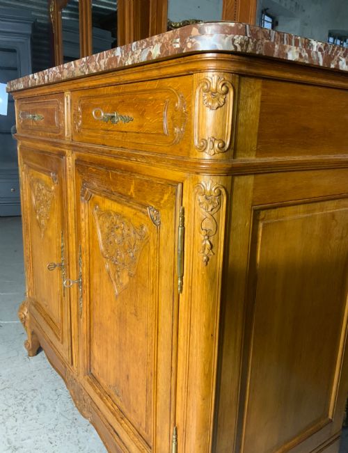 MARBLE TOPPED CARVED OAK FRENCH SIDEBOARD - ADDITIONAL PHOTO 3