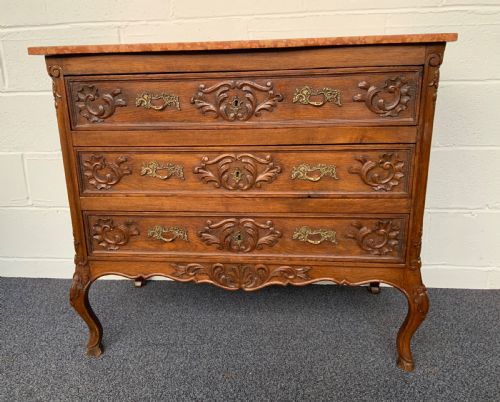 MARBLE TOPPED CARVED OAK FRENCH CHEST OF DRAWERS - ADDITIONAL PHOTO 1