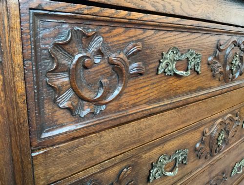 MARBLE TOPPED CARVED OAK FRENCH CHEST OF DRAWERS - ADDITIONAL PHOTO 4