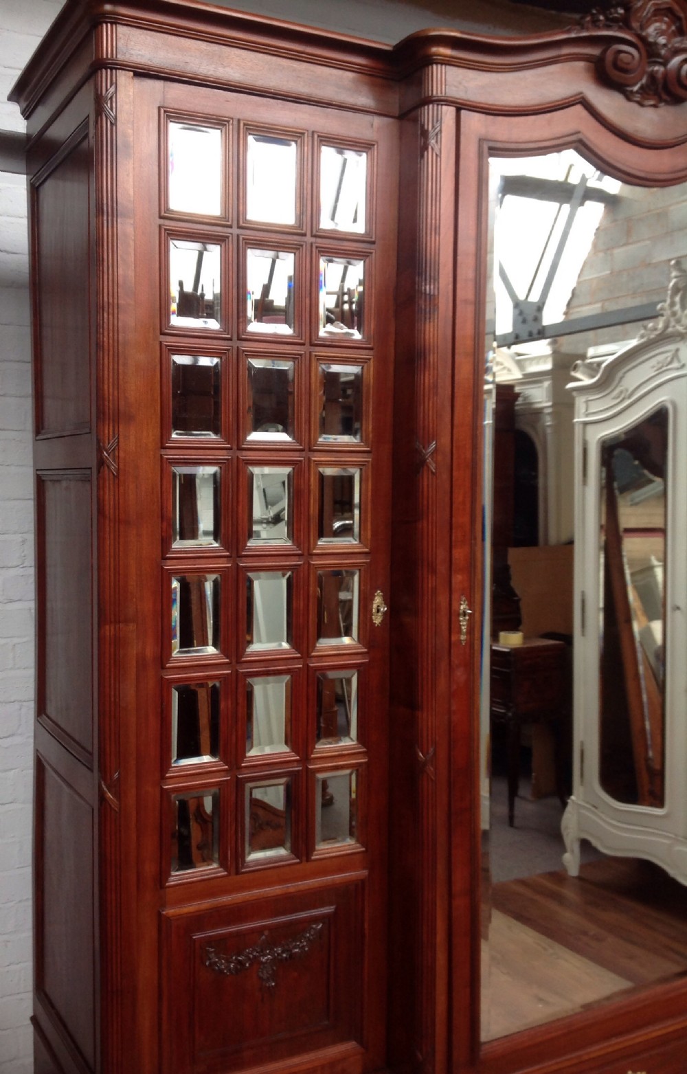 LARGE SOLID WALNUT BREAKFRONT ARMOIRE. View VI