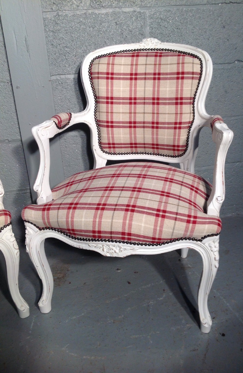 PAIR OF FRENCH CHAIRS IN RED TARTAN FABRIC View II